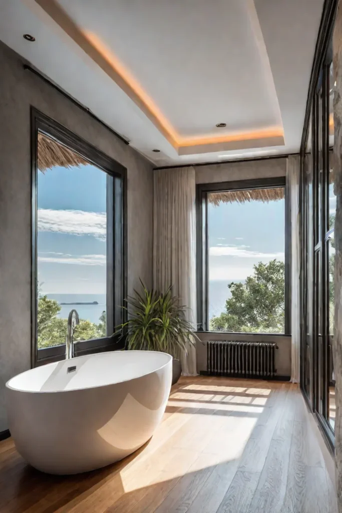 Spalike bathroom with stone and wood elements