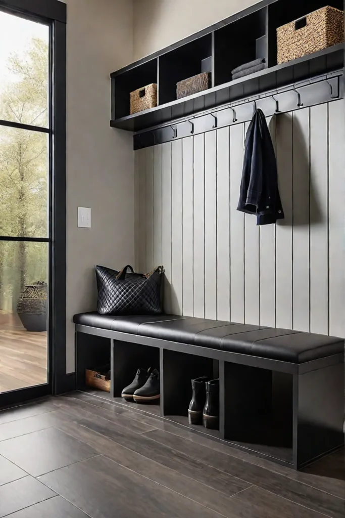 Stylish mudroom with black accents and vinyl wood flooring