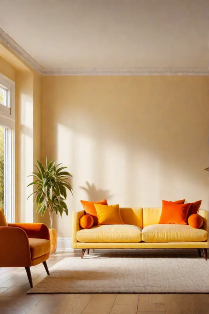 Sunlit living room with yellow walls and orange accents