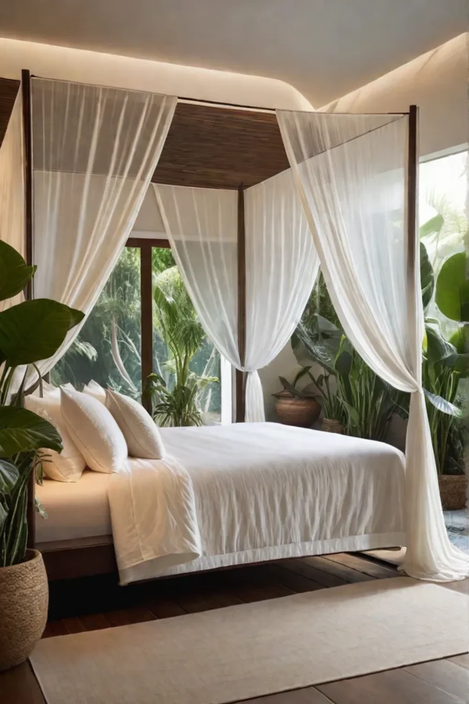 Tranquil bedroom with plants and water feature