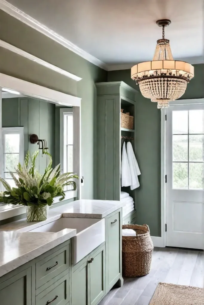 Tranquil laundry room with quartz countertops and chandelier