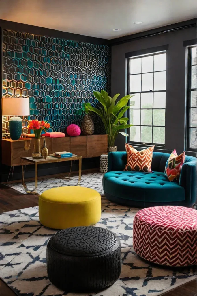 Upcycled tire ottomans in a colorful living room