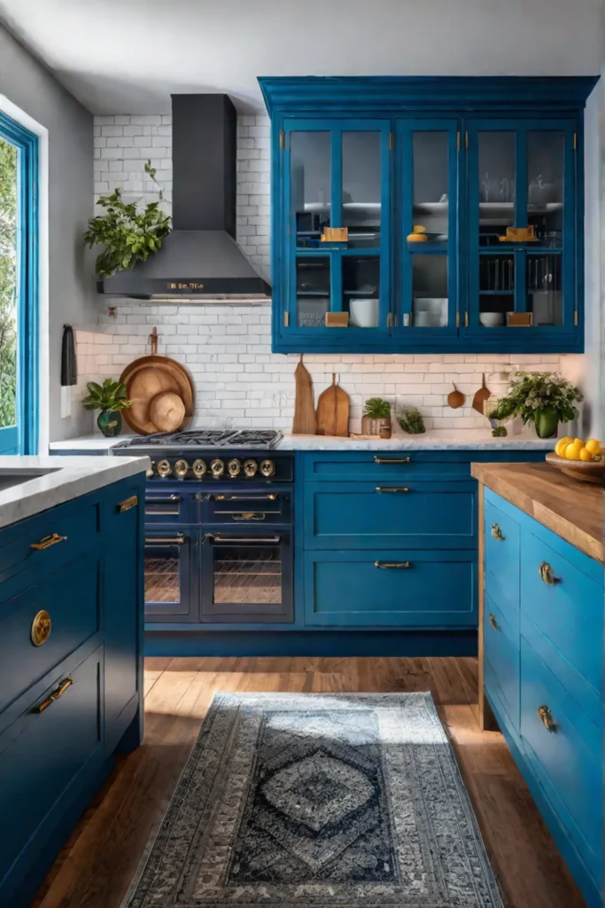 blue cabinets brass accents