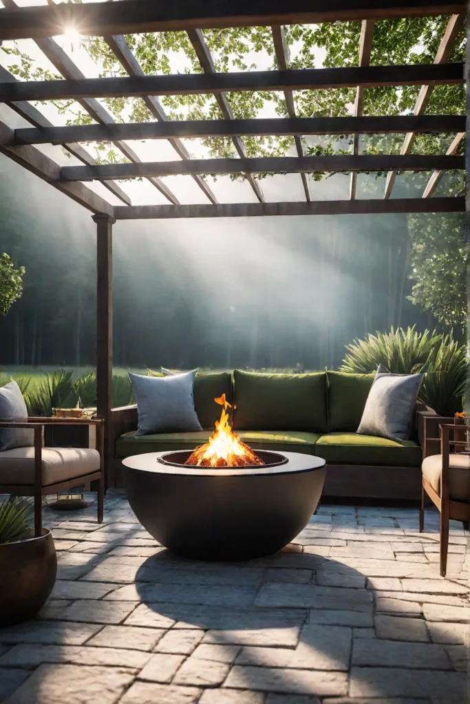 Backyard retreat with stone patio pergola and fire pit