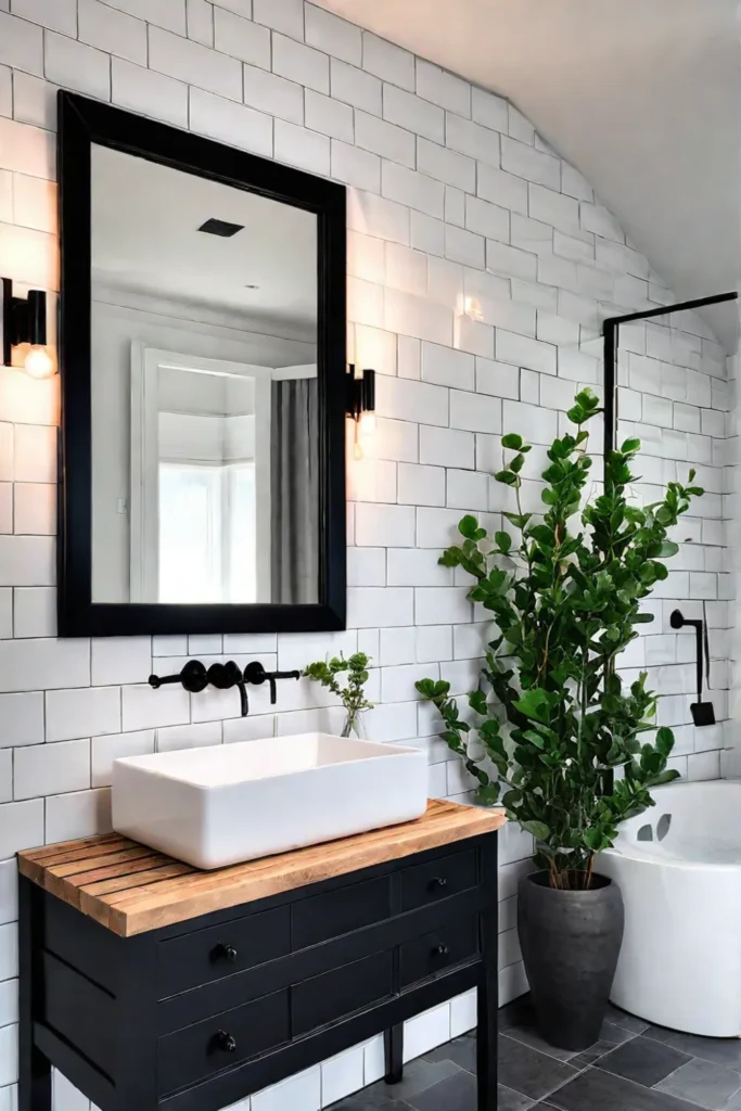 Bathroom with reclaimed wood vanity and vintage mirror