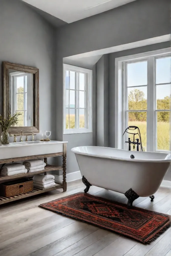 Charming bathroom with vintage rug and wooden accents