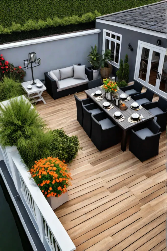 Deck layout with defined zones for dining lounging and grilling