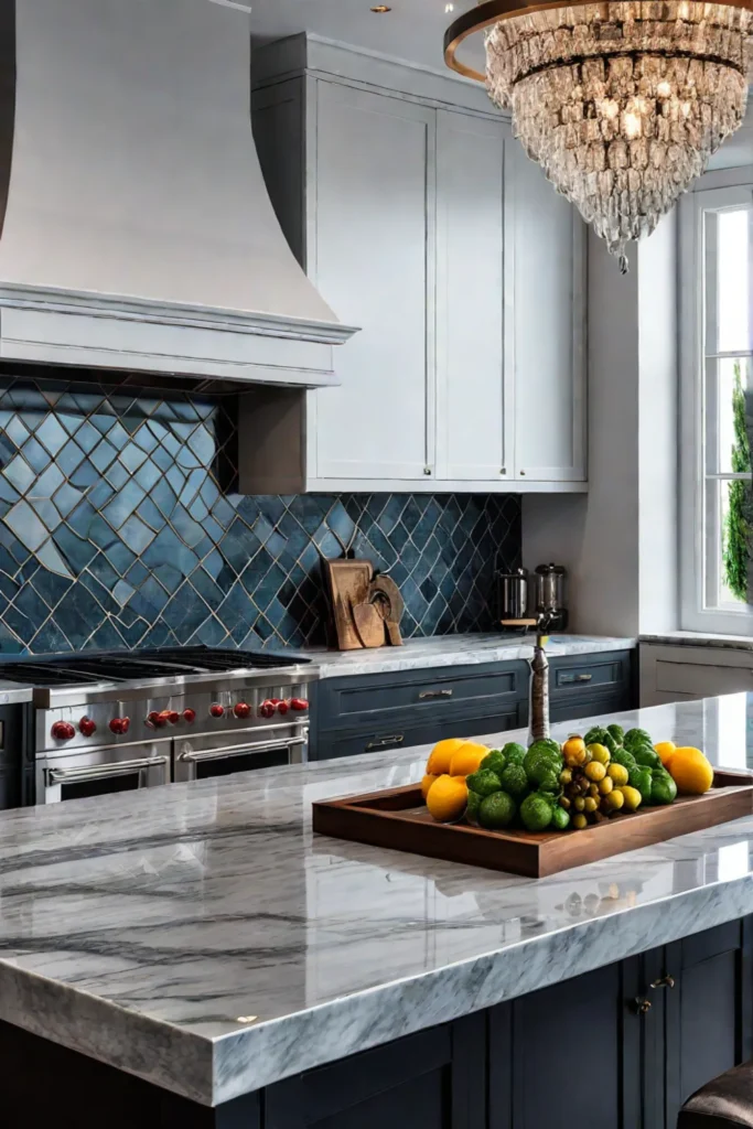 Eclectic kitchen with soapstone and glass mosaic