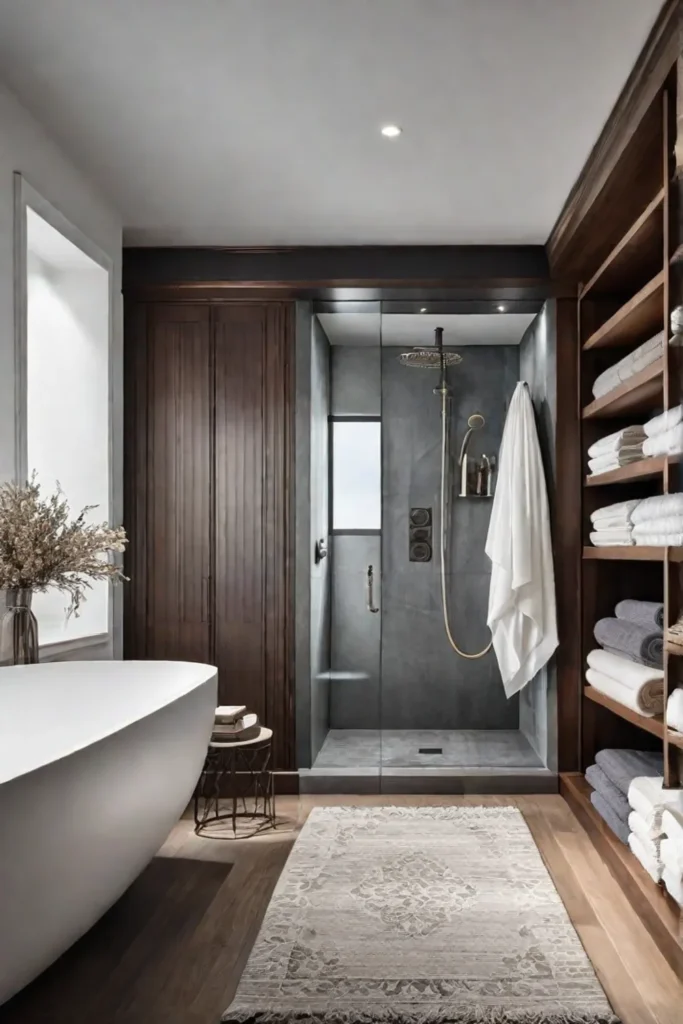 Functional bathroom with walkin shower and open shelving