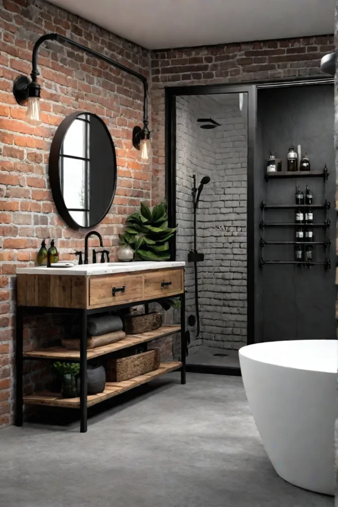 Industrial Farmhouse Bathroom with Exposed Brick