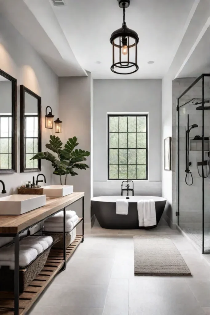 Inviting bathroom with walkin shower and rustic accents