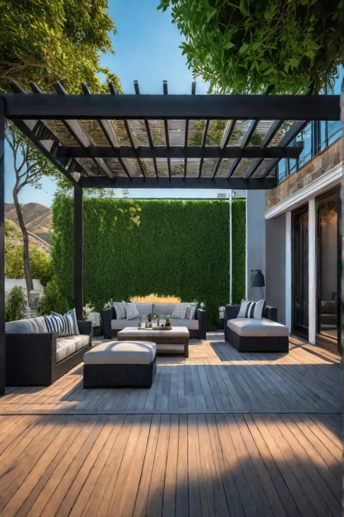 Luxury outdoor living space with deck pergola and kitchen