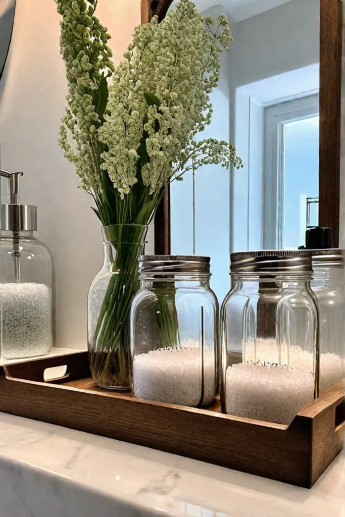 Mason jar display farmhouse bathroom