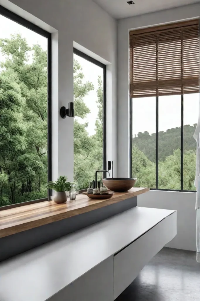 Minimalist bathroom with concrete countertop and greenery