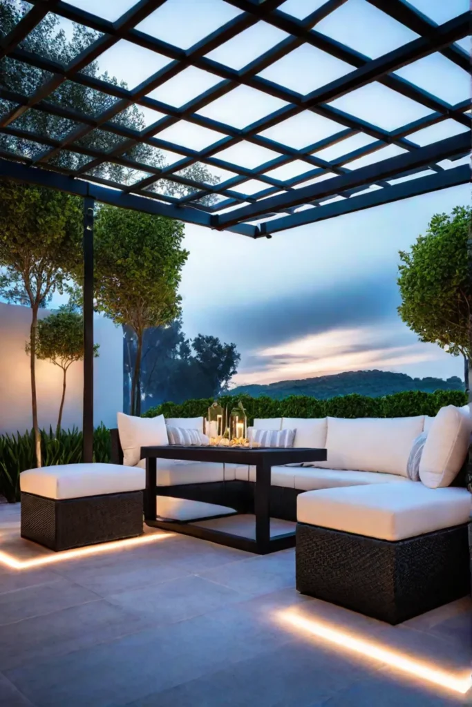 Minimalist outdoor living area with metal pergola and lighting