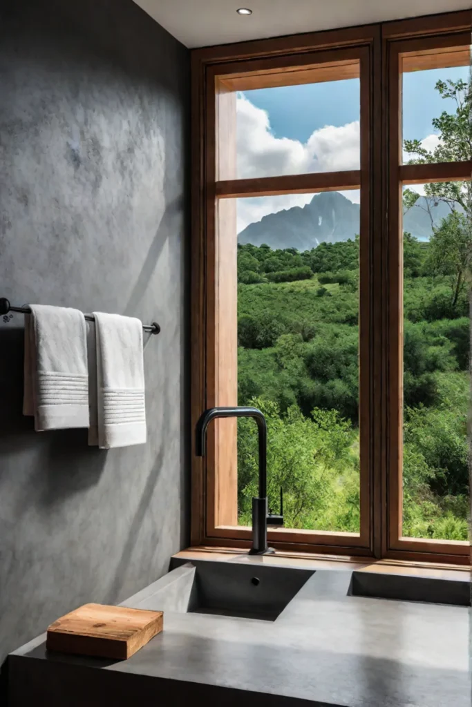 Modern farmhouse bathroom with rustic towel ladder