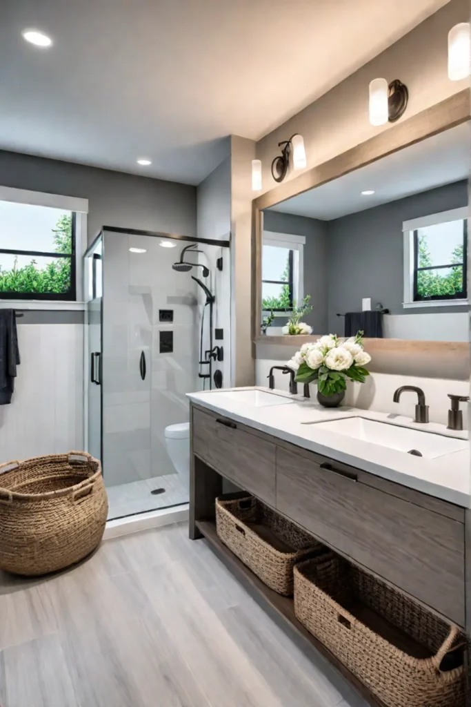 Modern farmhouse bathroom with statement mirror