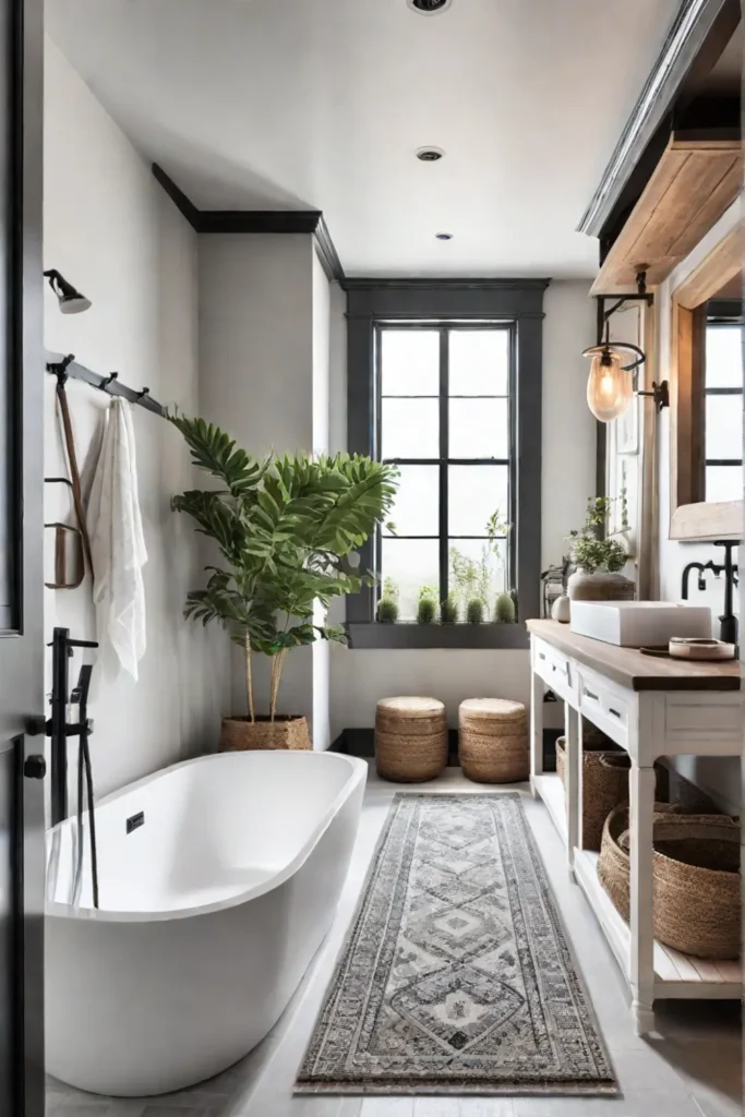 Modern farmhouse bathroom with vintage rug