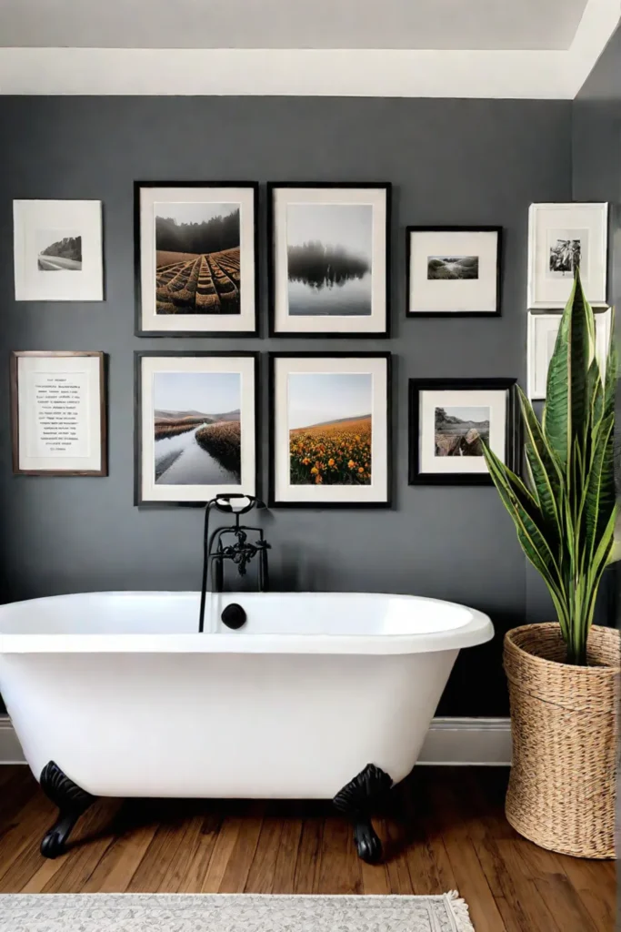 Neutral bathroom with clawfoot tub and botanical prints