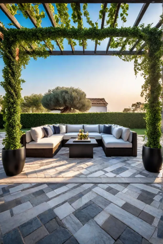 Outdoor living area with pergola and patterned patio