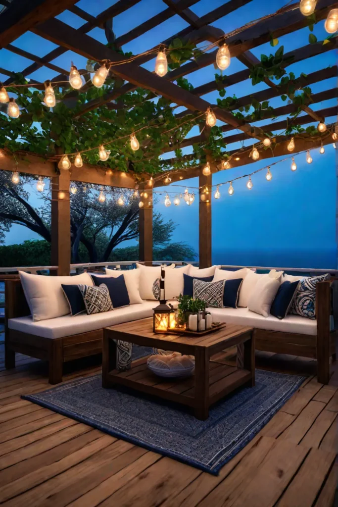 Outdoor living space with warm lighting