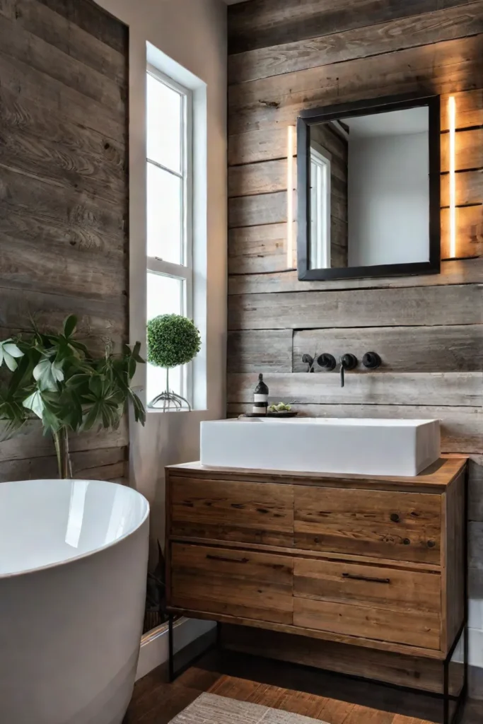 Pedestal sink reclaimed wood accent wall minimalist bathroom