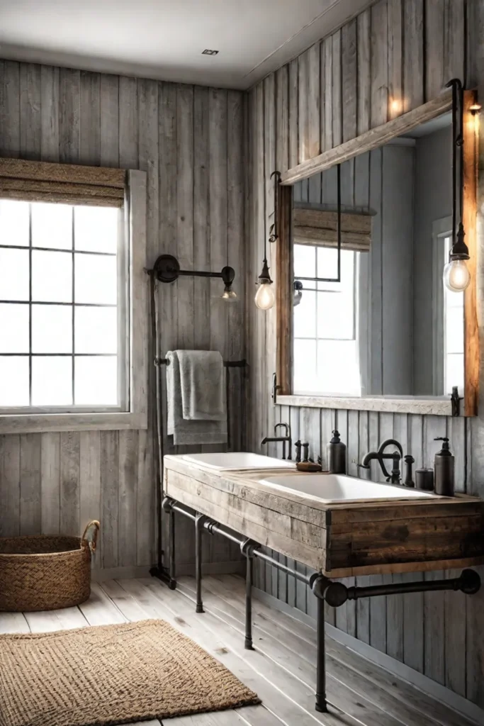 Reclaimed pallet wood walls vintage mirror rustic bathroom