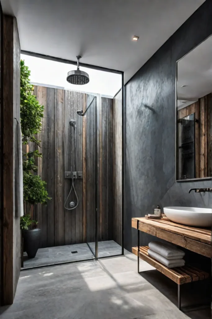 Rustic bathroom spacious shower natural elements