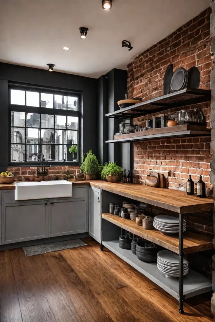 Rustic kitchen with exposed brick and metal accents