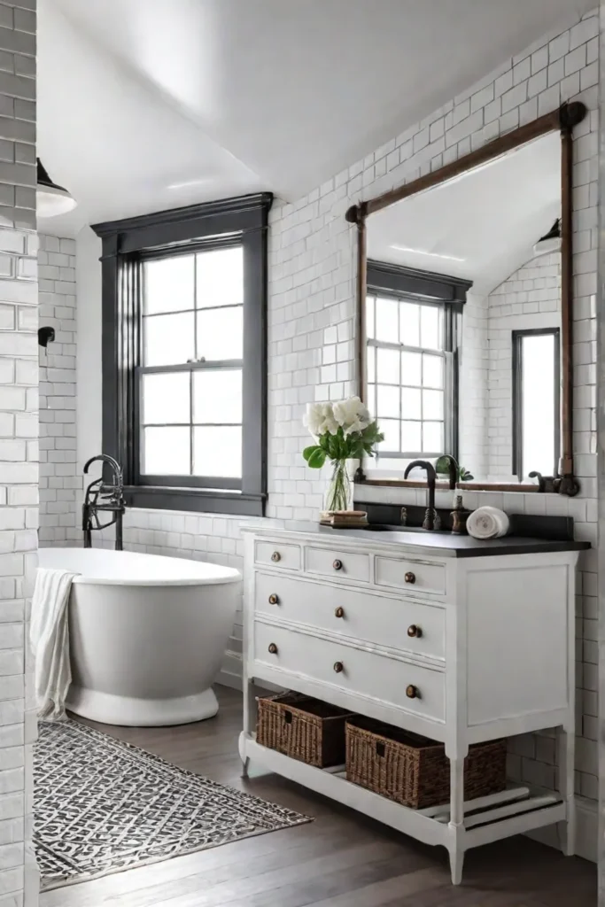 Spacious bathroom with skylight and vintage vanity