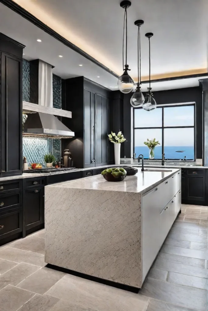 Spacious kitchen with travertine and recycled glass