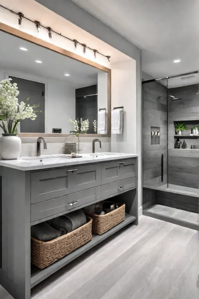 Stylish bathroom with double vanity and woven baskets