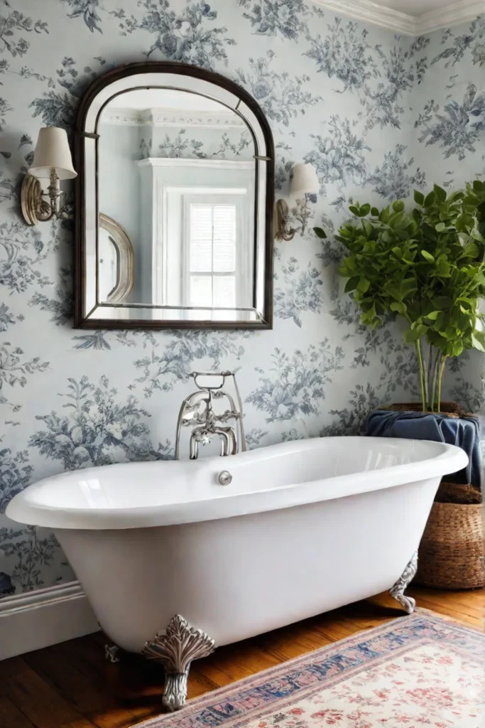 Toile Wallpaper in Farmhouse Bathroom