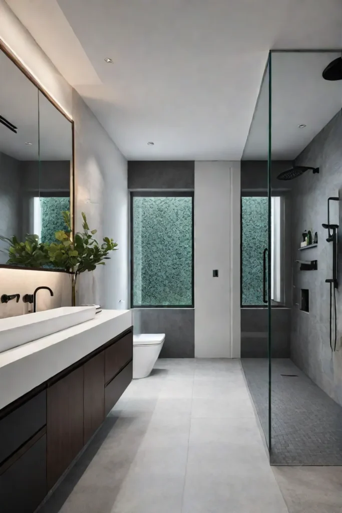 Bathroom with ample storage and large mirror