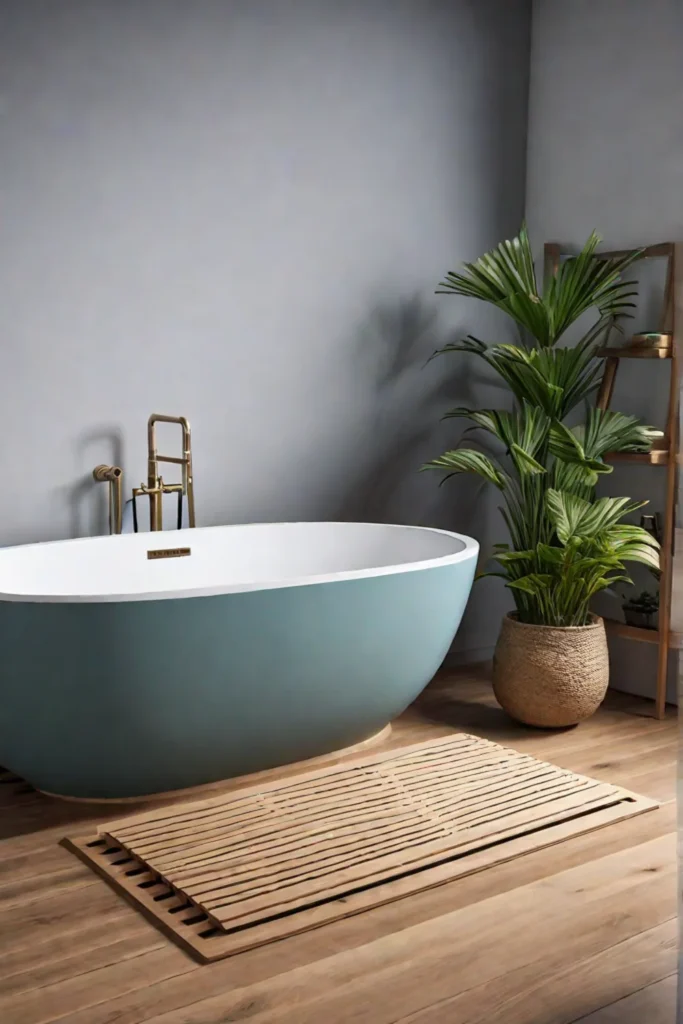 Bathroom with wooden accents and greenery