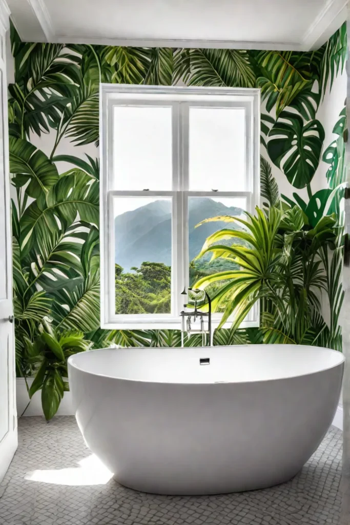 Bohemian bathroom tropical wallpaper green bathroom