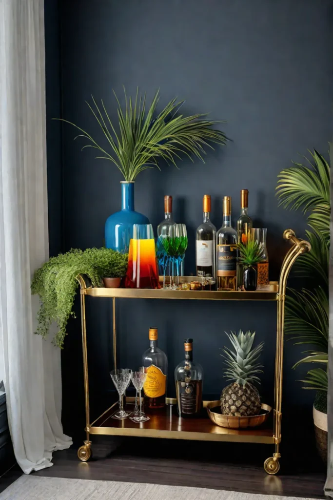 Bohemian living room with vintage bar cart