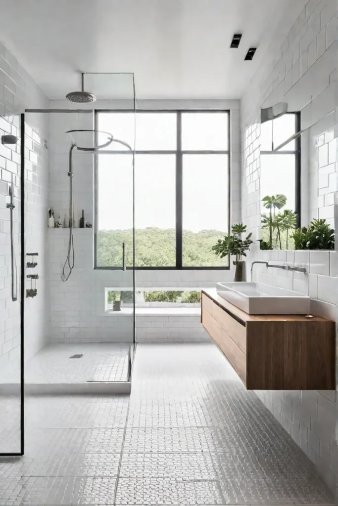 Bright minimalist bathroom with glass shower