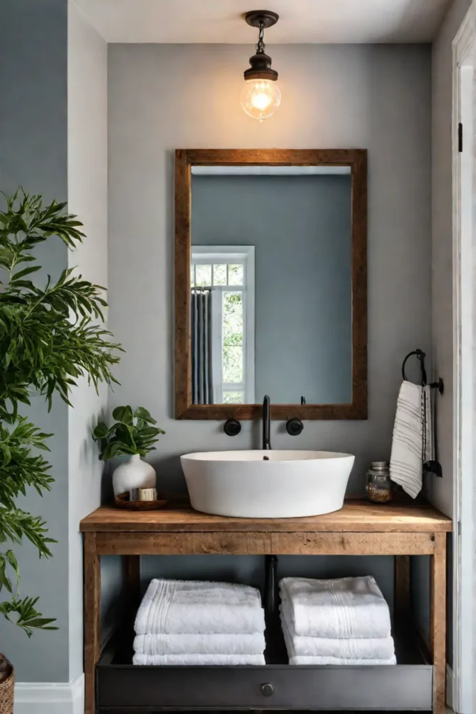 Corner farmhouse bathroom vanity maximizing space with a reclaimed wood base and open shelving