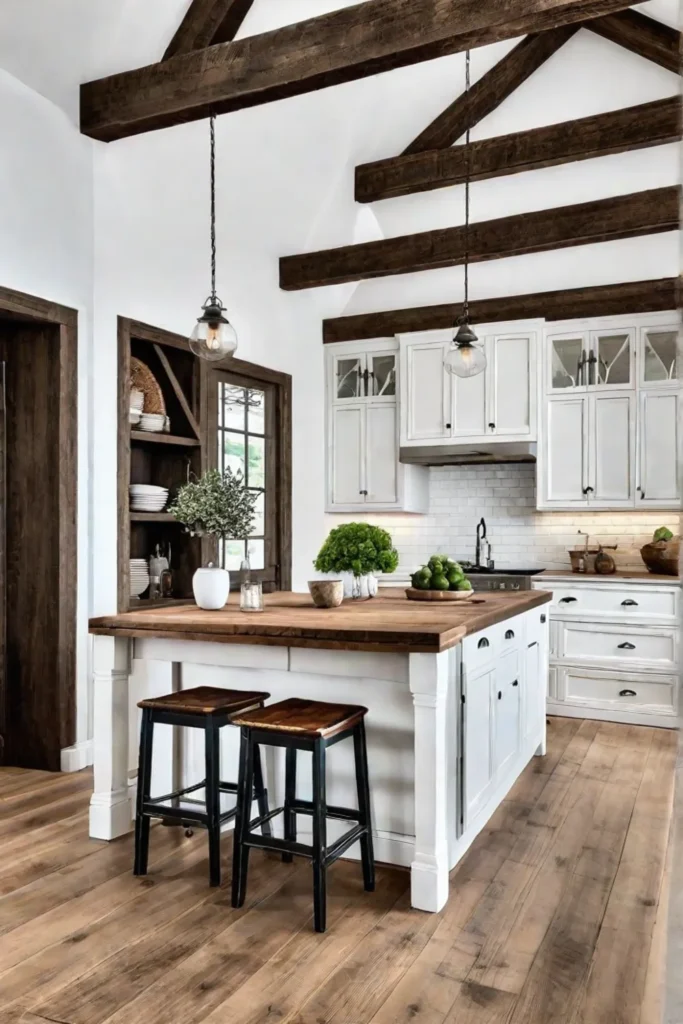 Cottage kitchen with a white painted crate island and butcher block countertop