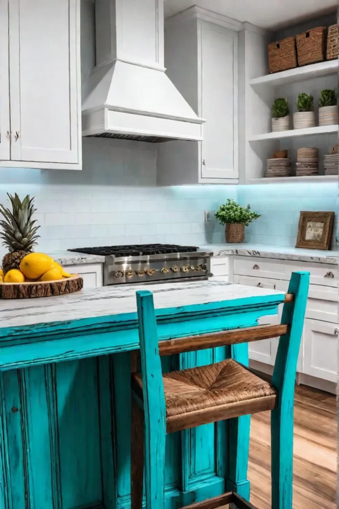 DIY kitchen island with a turquoise finish and salvaged marble countertop