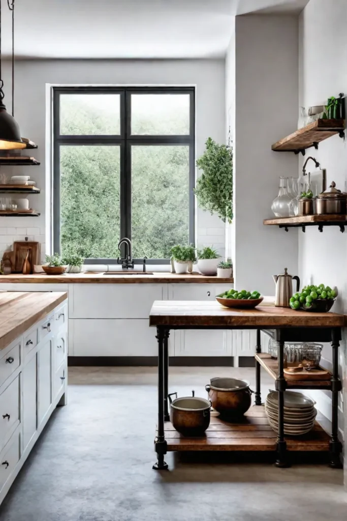 DIY kitchen island with black iron pipe frame and reclaimed wood shelves