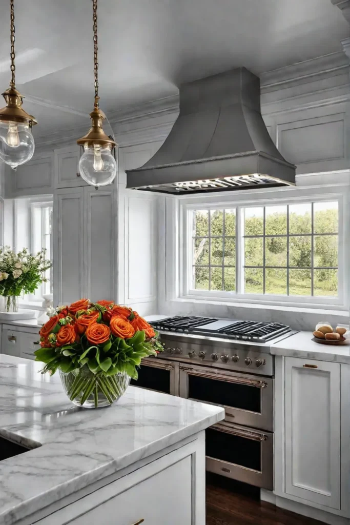 Farmhouse kitchen with marble island and natural light