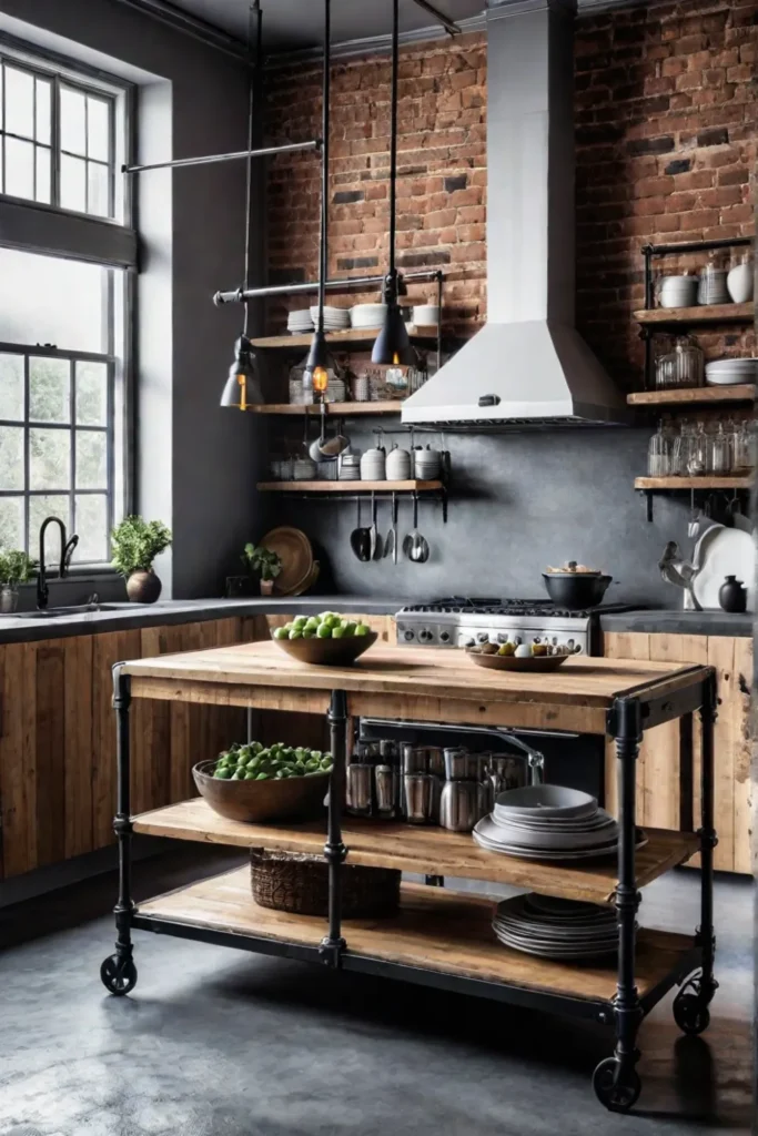 Industrialstyle kitchen with a DIY island made from scaffolding planks