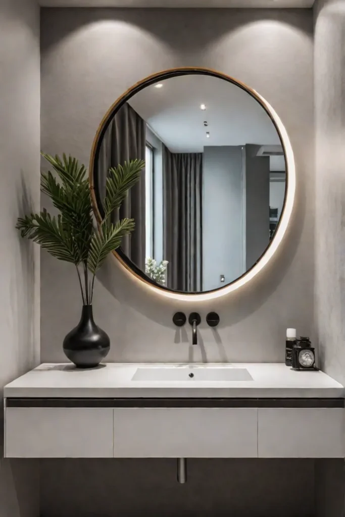 Minimalist bathroom with statement mirror