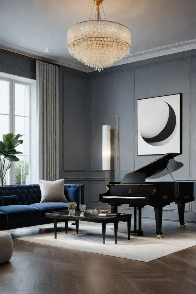 Modern living room with grand piano and art