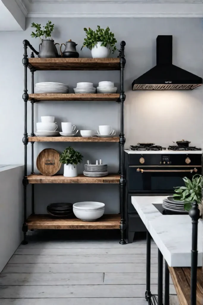 Open shelving kitchen island with industrial design elements