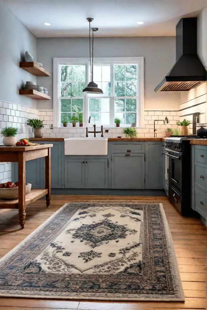 Rustic kitchen details with tile island and open shelving