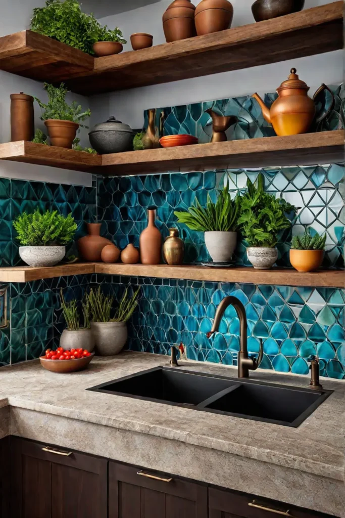 Rustic kitchen with mosaic tile island and colorful accents