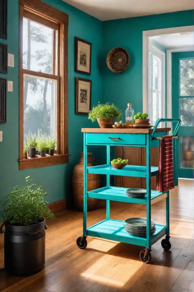 Small kitchen with a turquoise rolling cart as a functional island